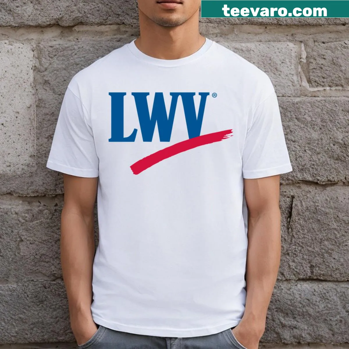 T-shirt featuring the League Of Voters logo promoting civic engagement. — on a men's t-shirt