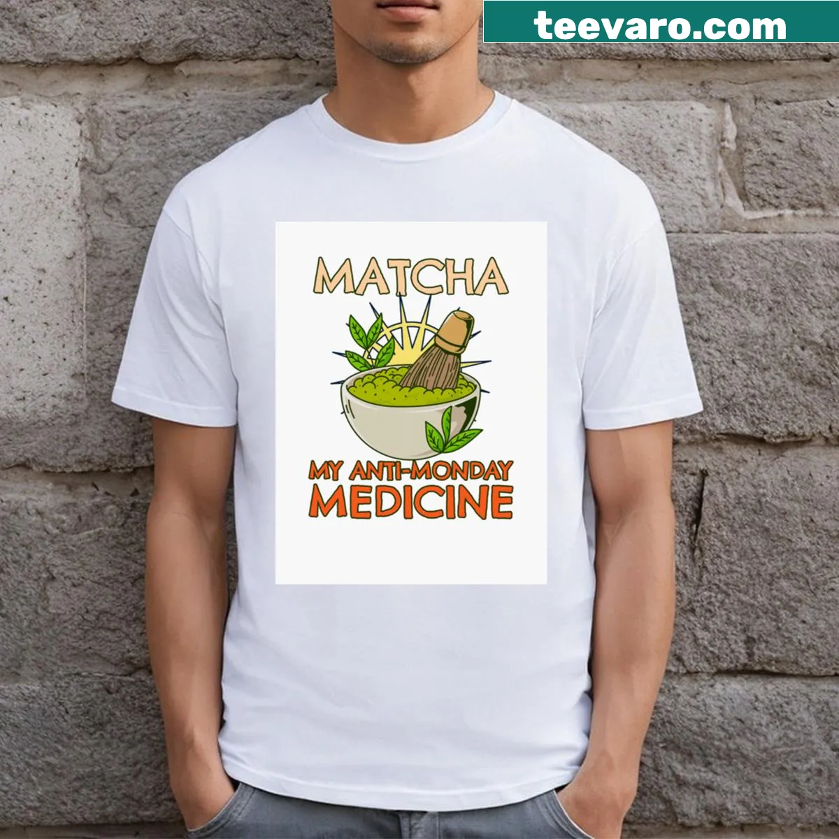 Playful T-shirt featuring matcha-themed graphic and text — on a men's t-shirt