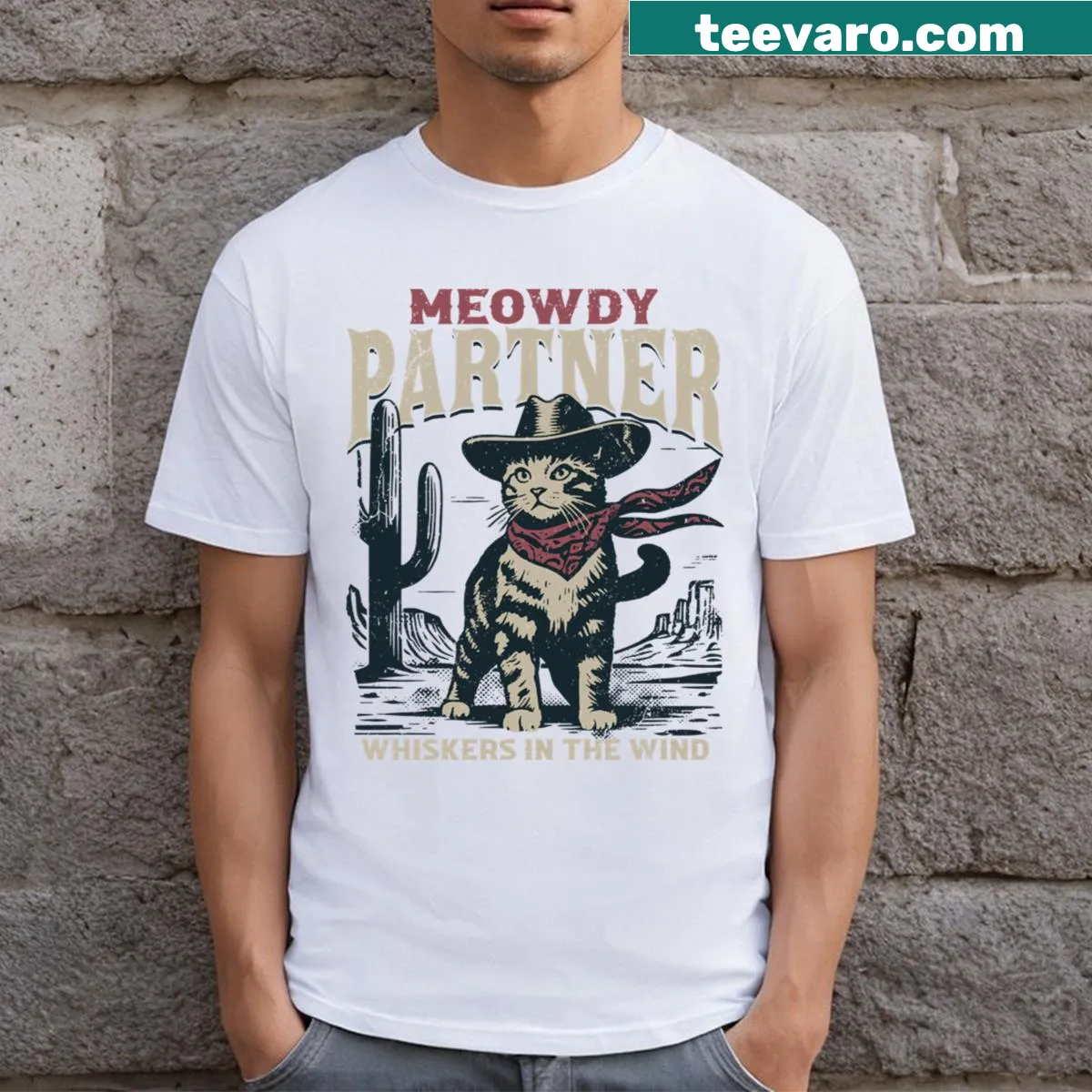 Vintage cowboy cat t-shirt with humorous design — on a men's t-shirt
