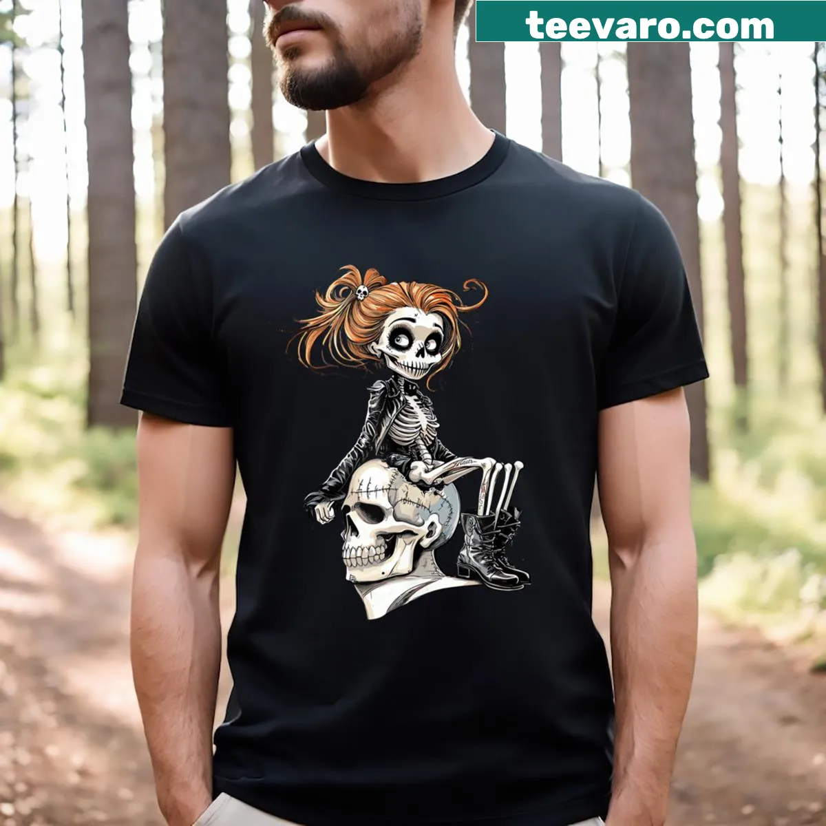 Vintage ghoul girl with skeletons design on a fun Halloween tee. — on a men's t-shirt