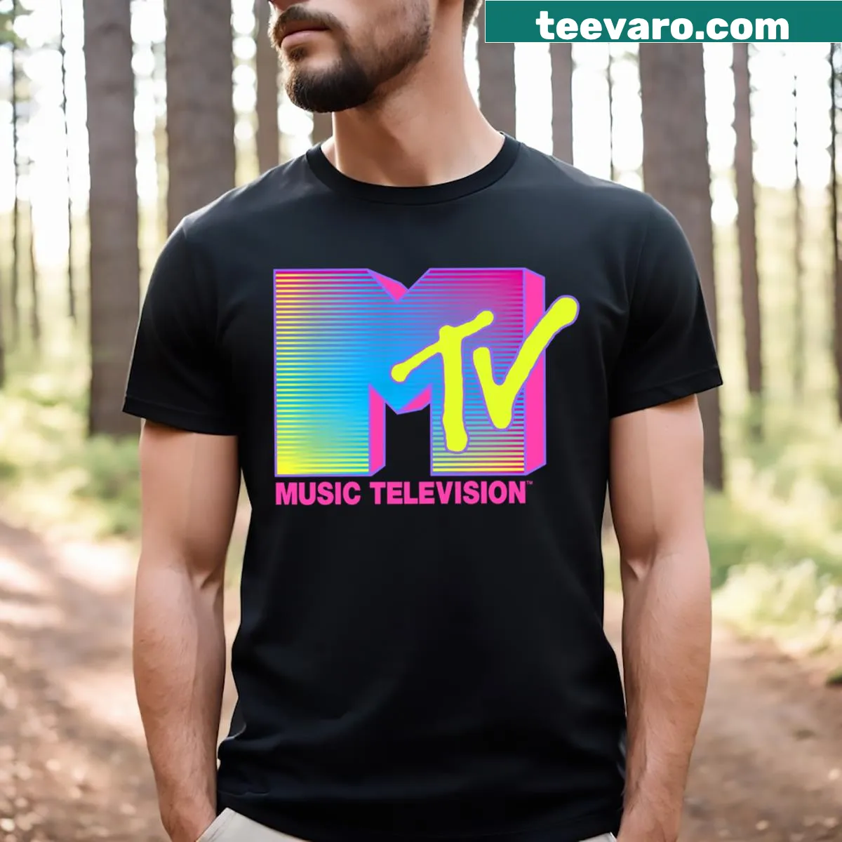 Retro MTV logo in fluorescent style on a casual t-shirt. — on a men's t-shirt
