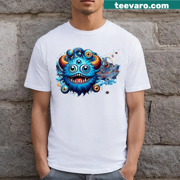 Funny T-shirt with a blue monster and multiple eyes graphic