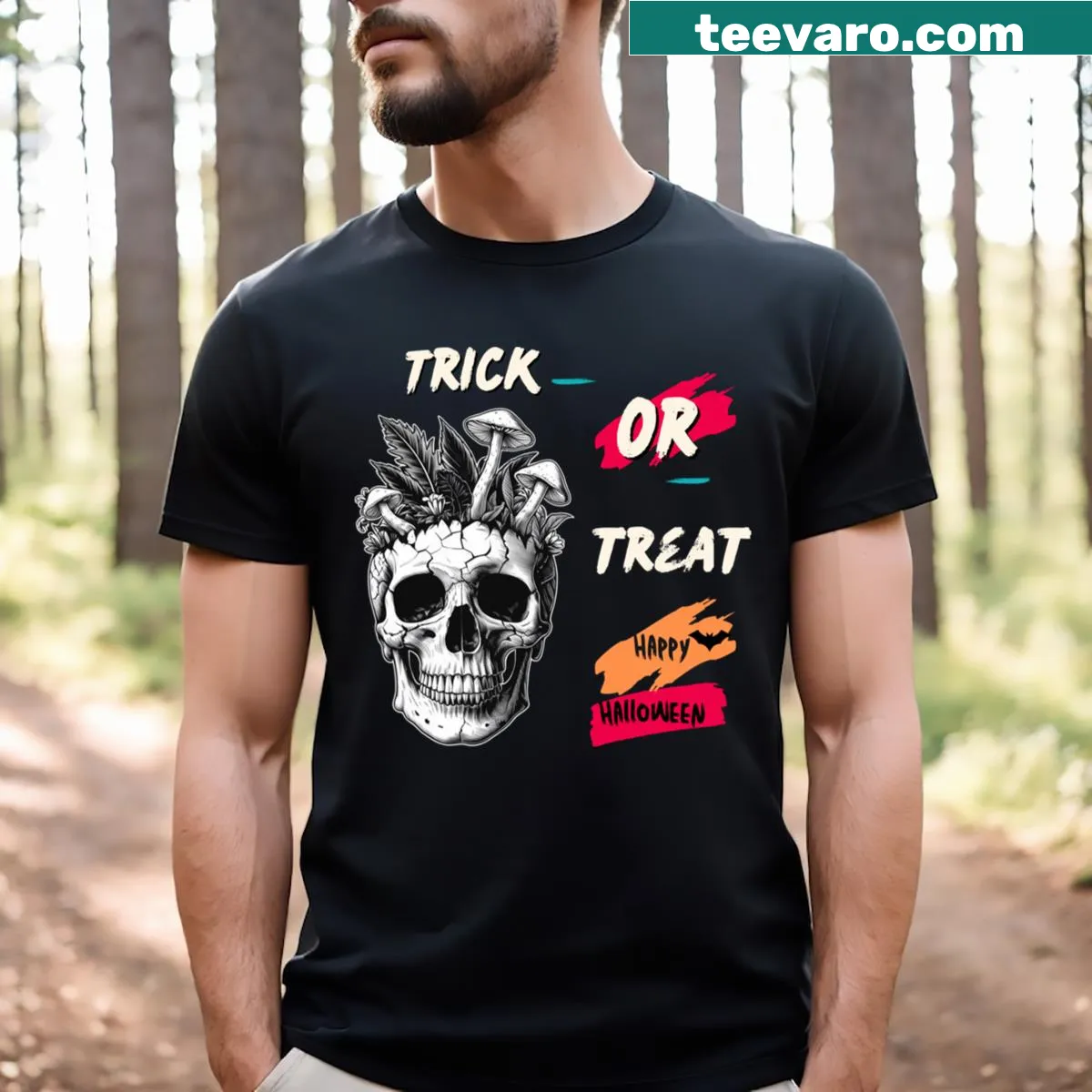 Gothic mushroom and skull graphic on a punk-inspired Halloween tee. — on a men's t-shirt