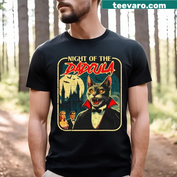Funny Halloween Dadcula t-shirt with a vampire cat design
