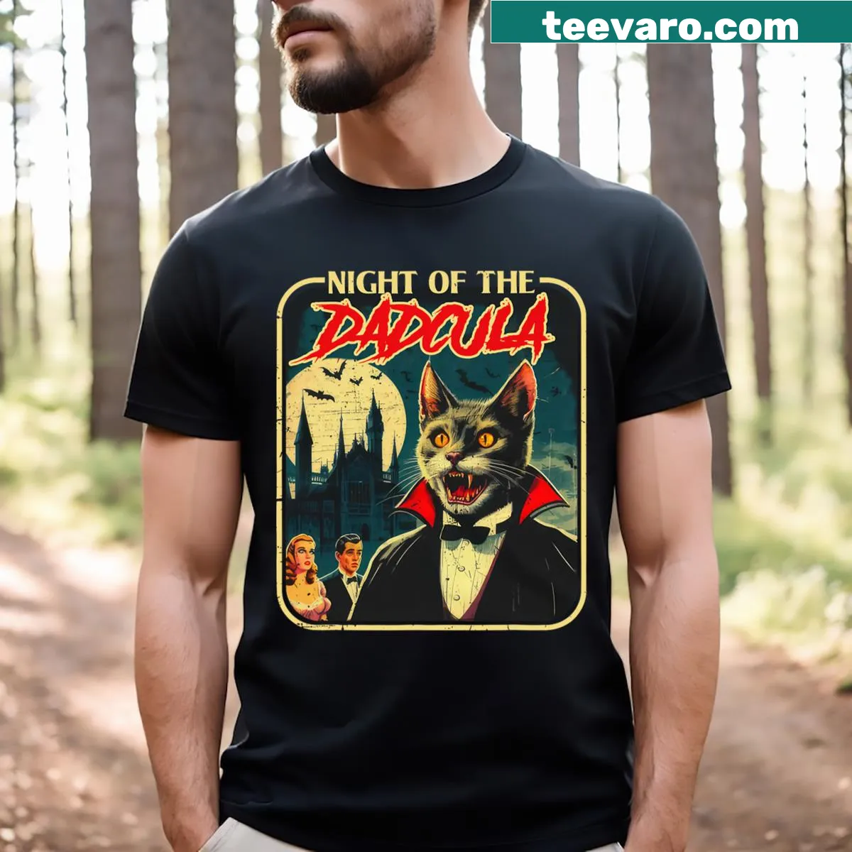 Funny Halloween Dadcula t-shirt with a vampire cat design — on a men's t-shirt