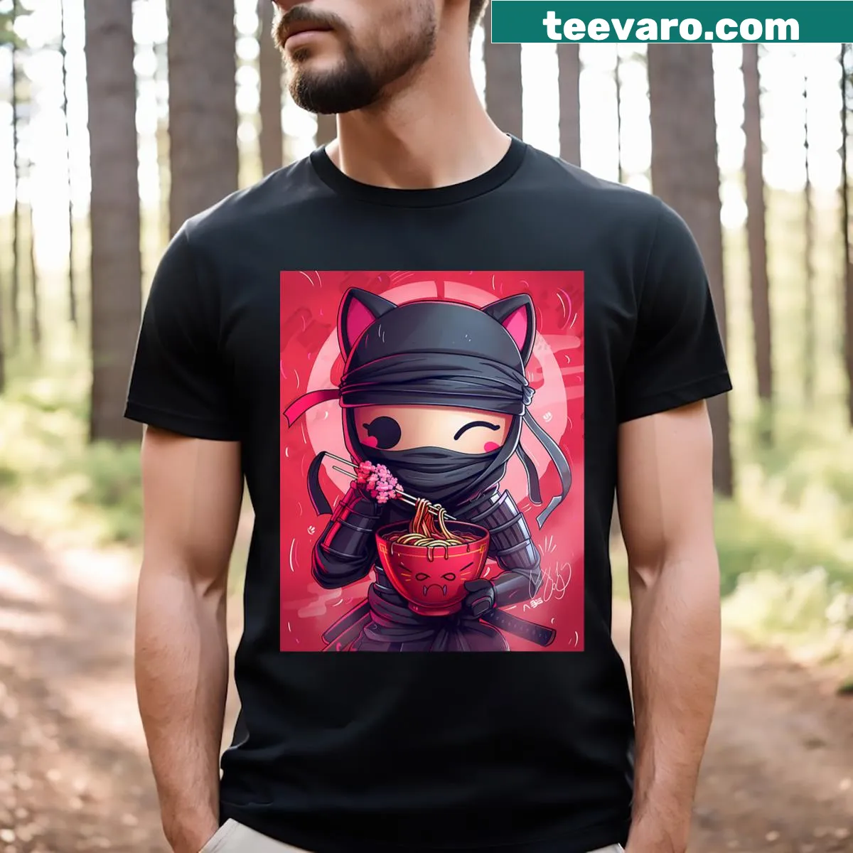 Funny anime T-shirt featuring a ninja and ramen in a humorous graphic. — on a men's t-shirt