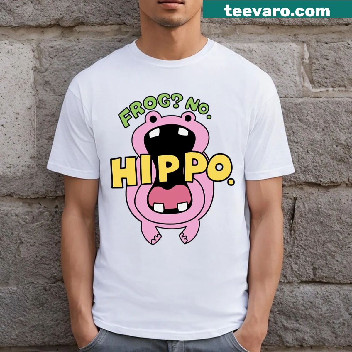 One Piece Frog No Hippo T-shirt with a playful design — on a men's t-shirt