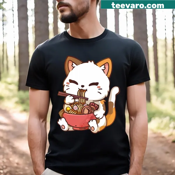 Kawaii cat graphic enjoying ramen on a t-shirt.