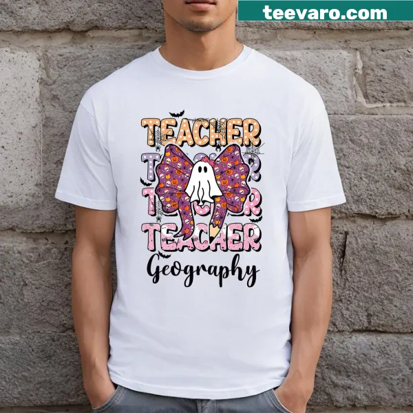 Halloween t-shirt featuring a cute ghost and geography teacher theme