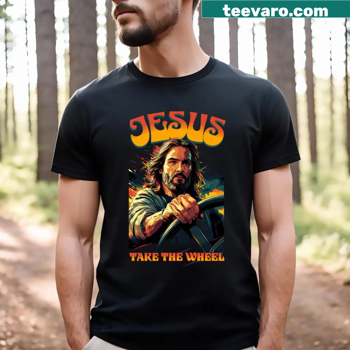 Inspirational retro Christian shirt with the phrase Jesus Take The Wheel — on a men's t-shirt