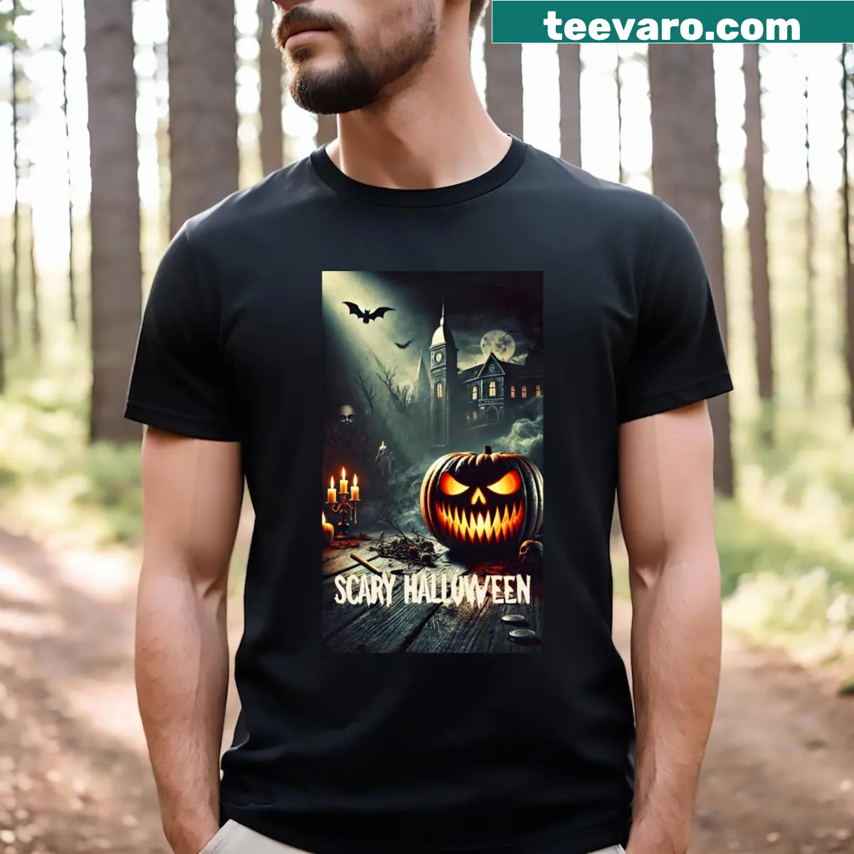 Halloween t-shirt featuring a scary pumpkin graphic — on a men's t-shirt