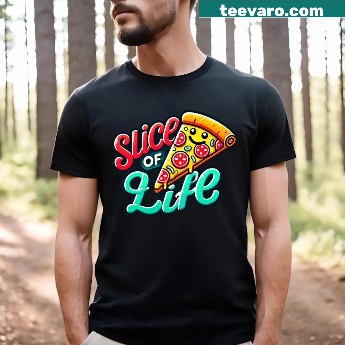 Cartoon pizza graphic T-shirt — on a men's t-shirt