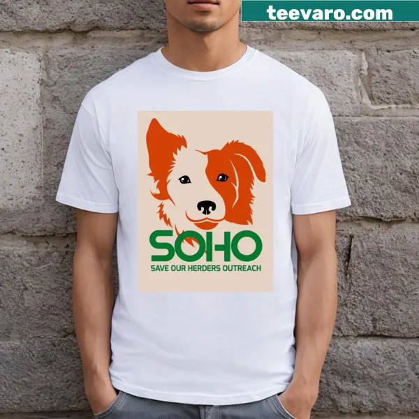 Vintage-style T-shirt featuring Soho Dog Rescue logo prominently displayed.