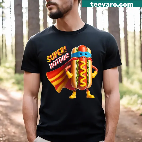 Whimsical cartoon T-shirt featuring a heroic hotdog character.