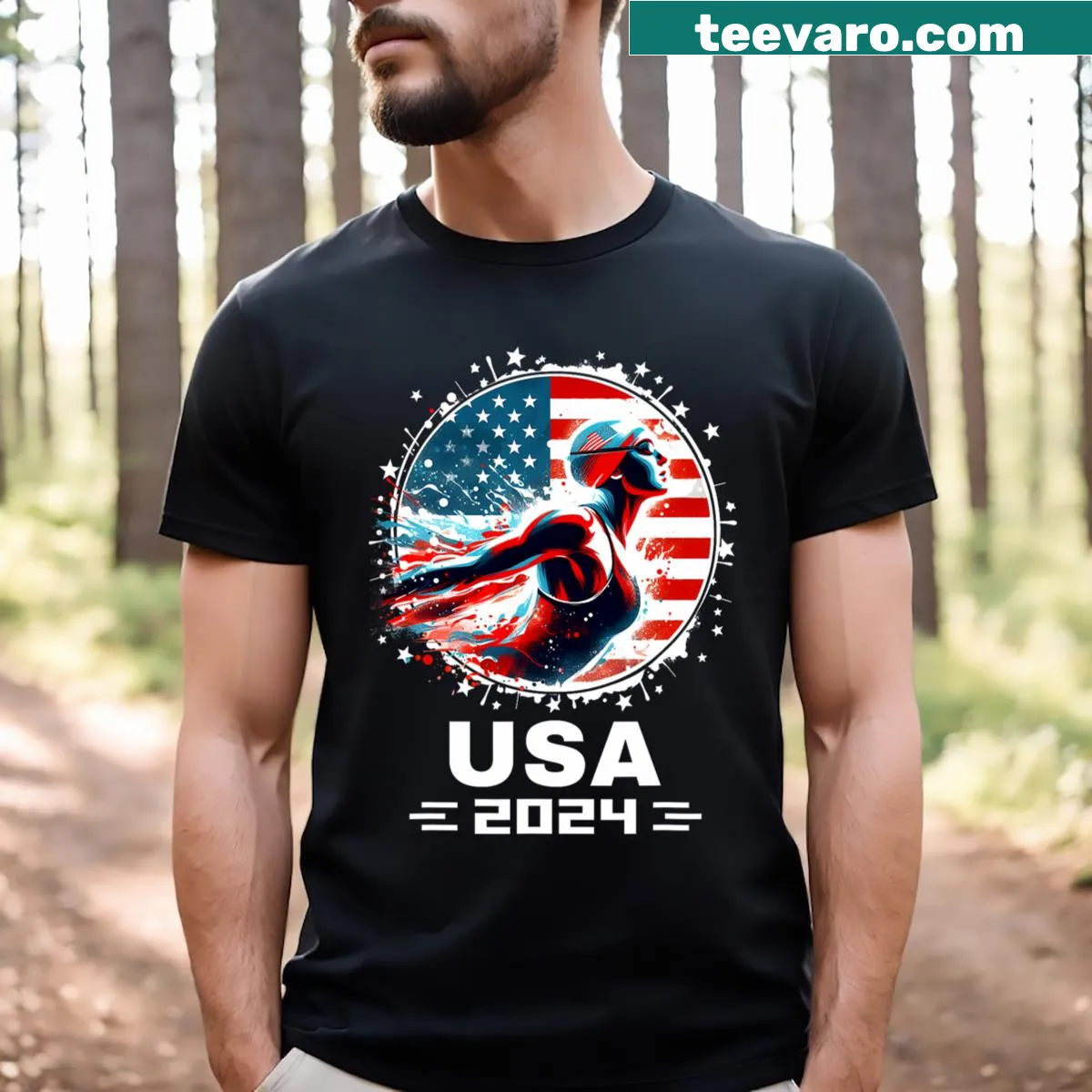 USA swimming team T-shirt with American flag illustration — on a men's t-shirt