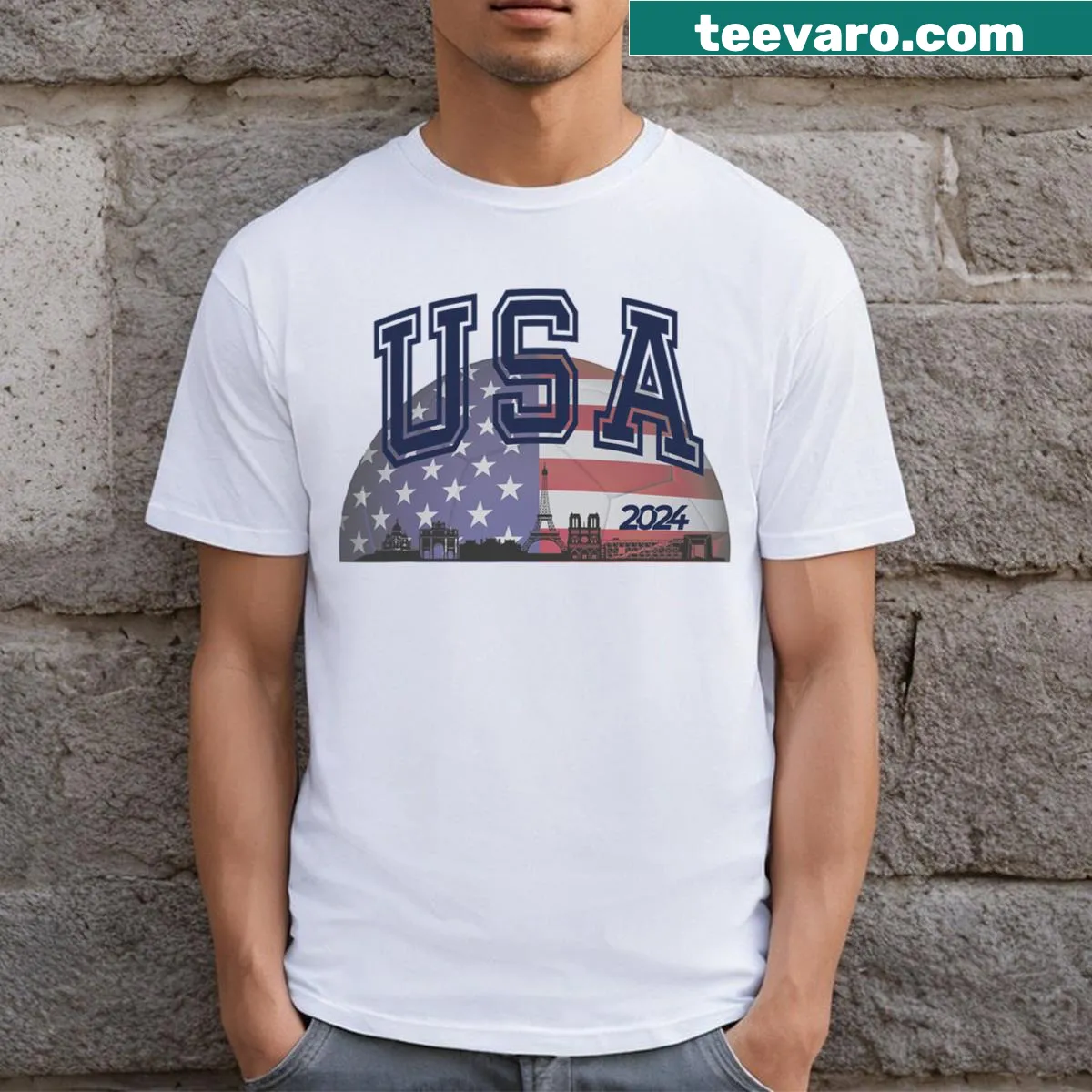 Team USA 2024 soccer T-shirt with USA flag and soccer ball graphic — on a men's t-shirt