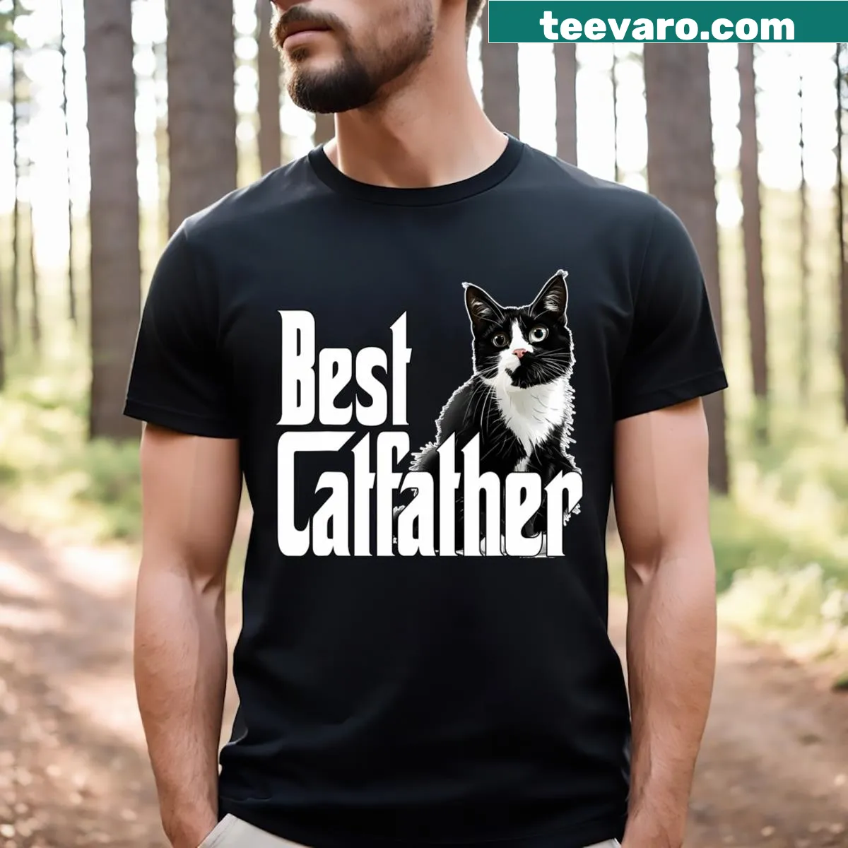 Humorous Catfather T-shirt with funny slogan and cat graphics — on a men's t-shirt