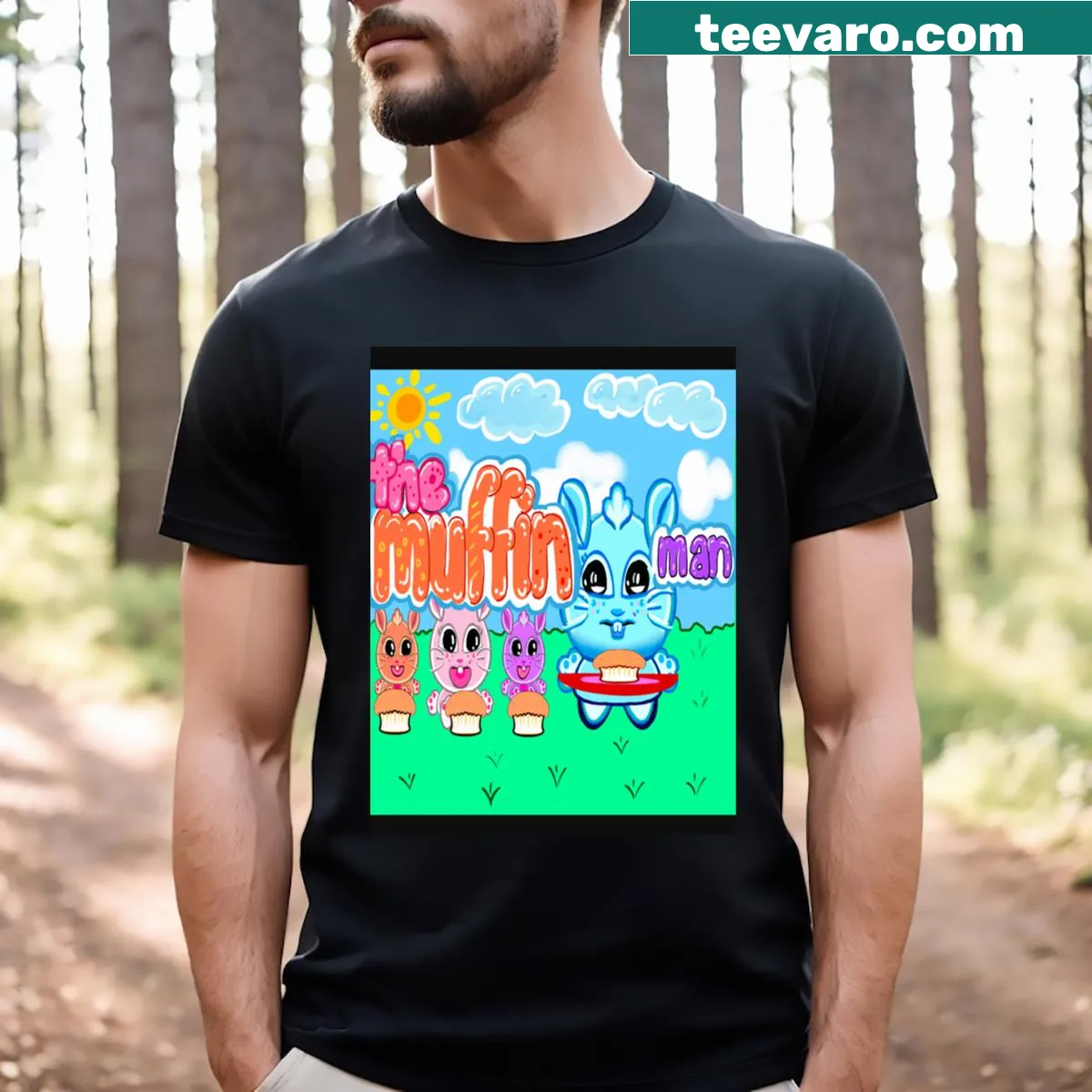 Cartoon graphic featuring animals from the Muffin Man nursery rhyme — on a men's t-shirt