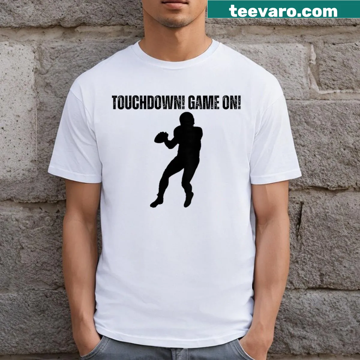 Motivational T-shirt with football-themed text for gym-goers — on a men's t-shirt