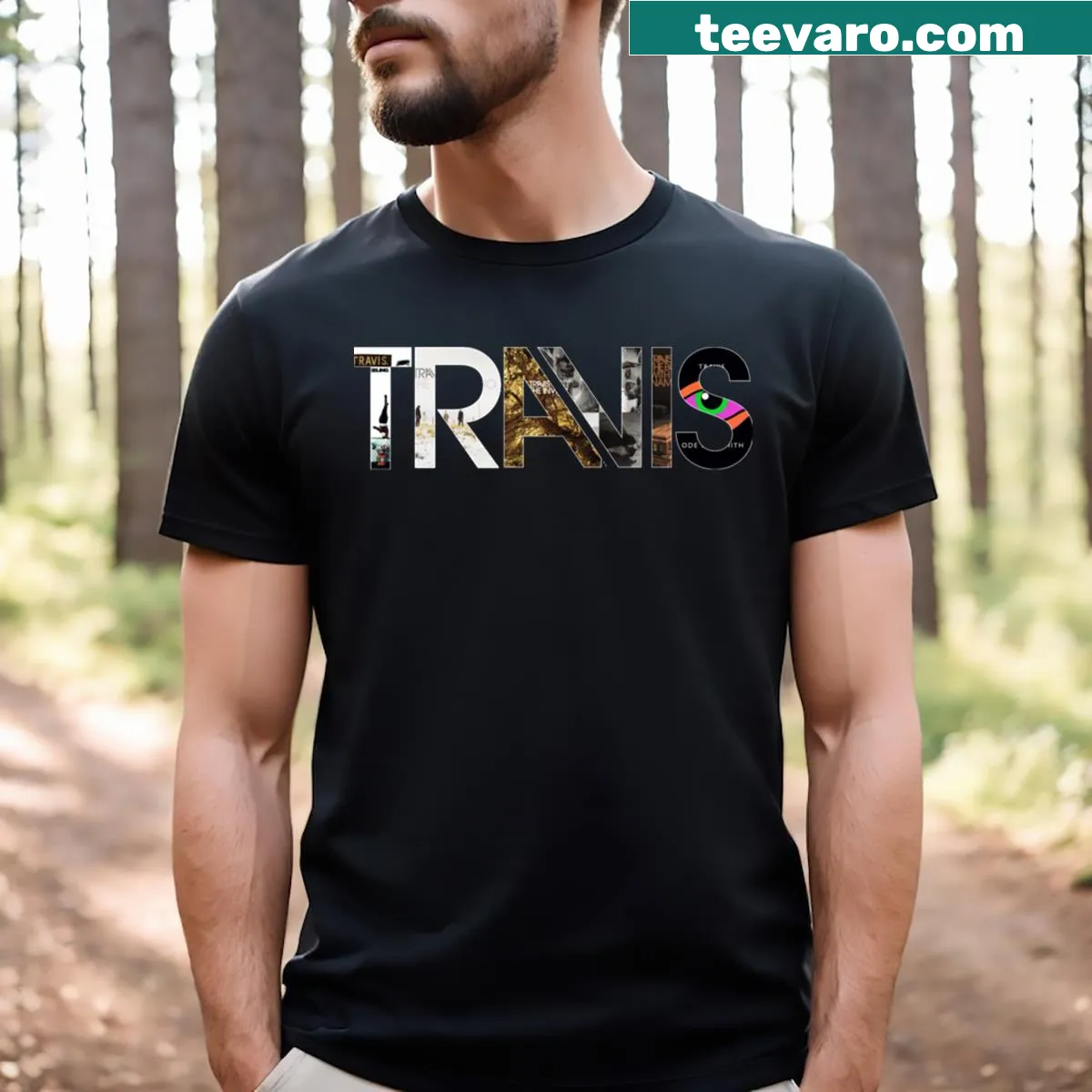 Travis logo t-shirt celebrating the band's iconic albums. — on a men's t-shirt