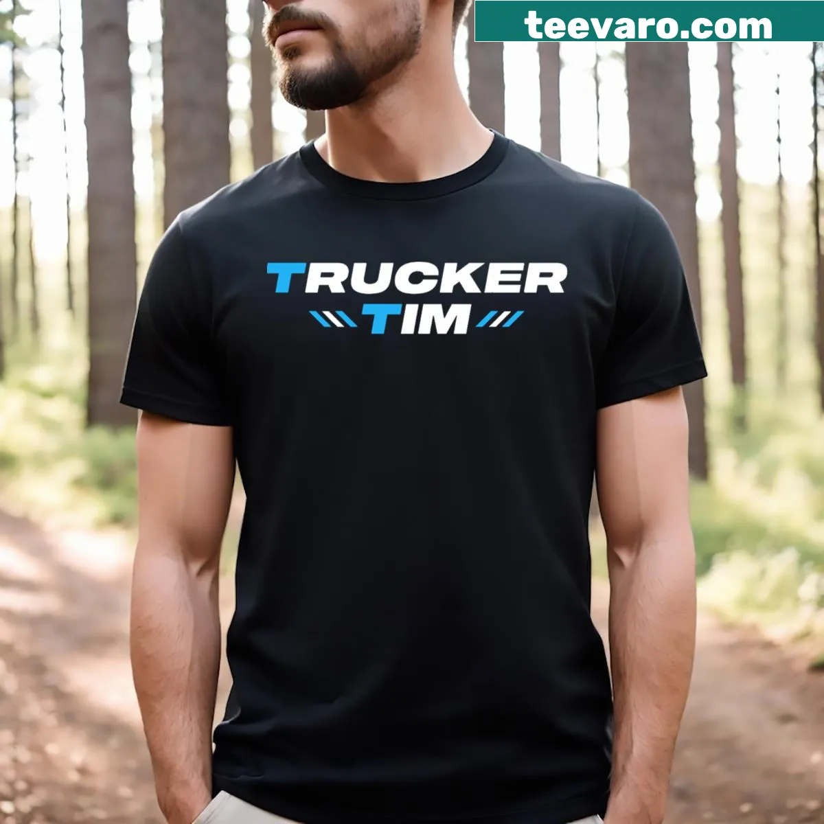 Trucker Tim logo t-shirt designed for truck enthusiasts. — on a men's t-shirt