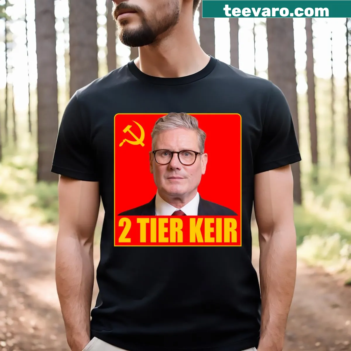 Cartoon-style T-shirt featuring the Two Tier Keir Starmer concept. — on a men's t-shirt