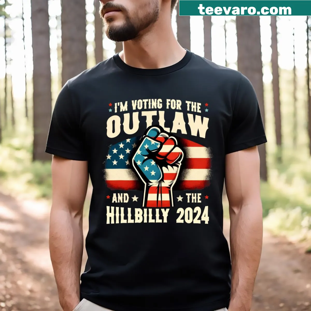 Playful design with American flag and humorous voting text on a T-shirt — on a men's t-shirt