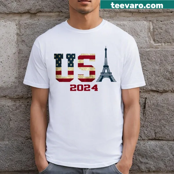 T-shirt featuring American flag and 'USA 2024' logo for men and kids