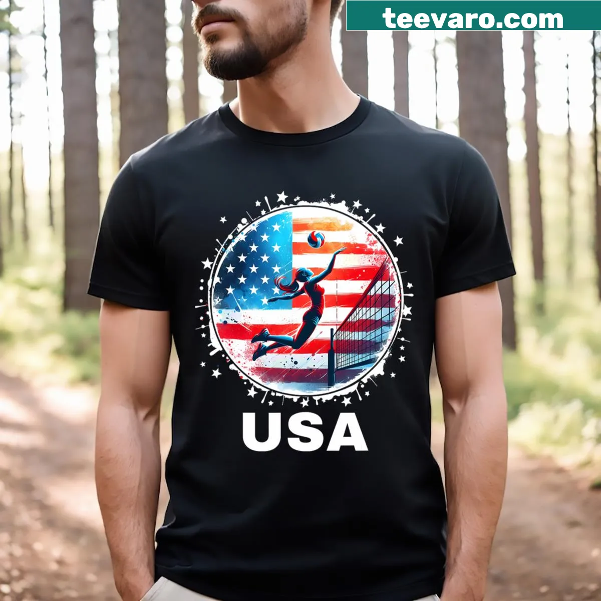 Emblematic USA volleyball T-shirt featuring American flag design — on a men's t-shirt