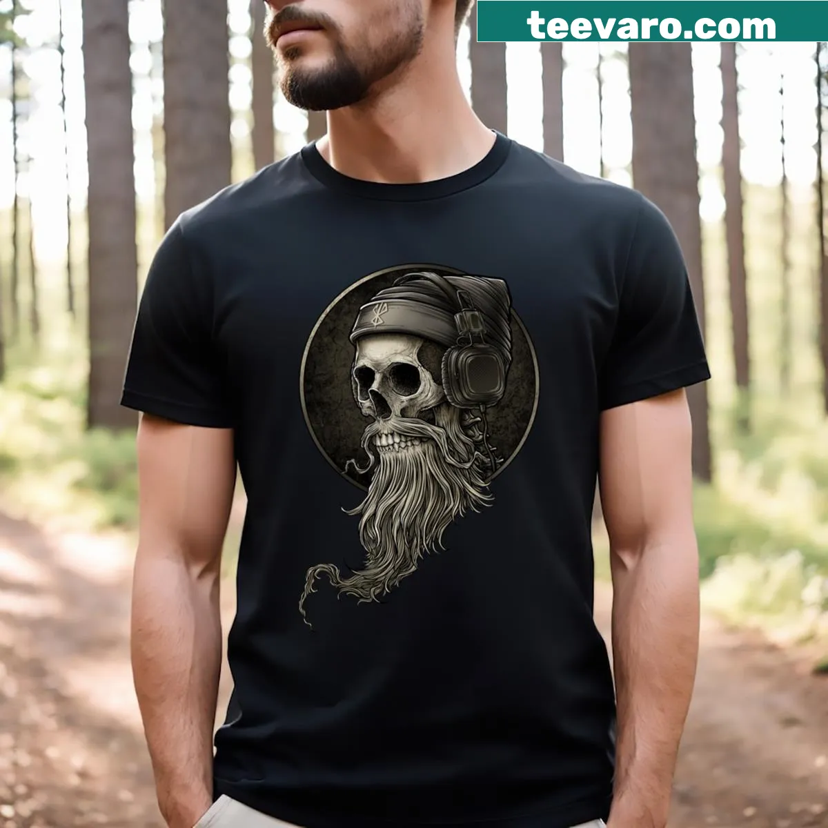 Vintage distressed Viking skull beard t-shirt with headphones graphic — on a men's t-shirt