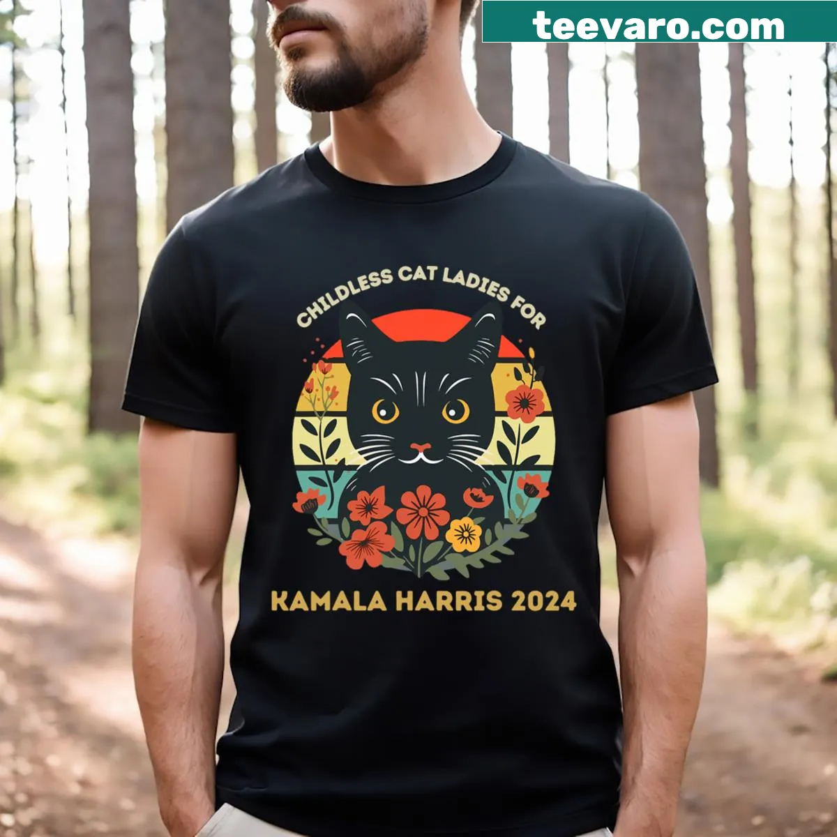 Funny vintage t-shirt for cat lovers supporting Kamala Harris 2024 — on a men's t-shirt
