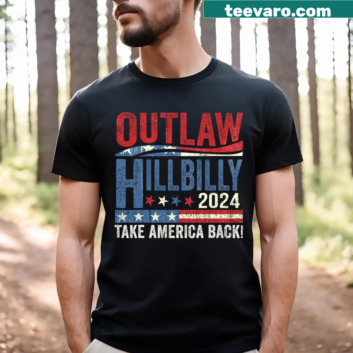 Vintage Outlaw Hillbilly T-shirt with US flag graphic — on a men's t-shirt