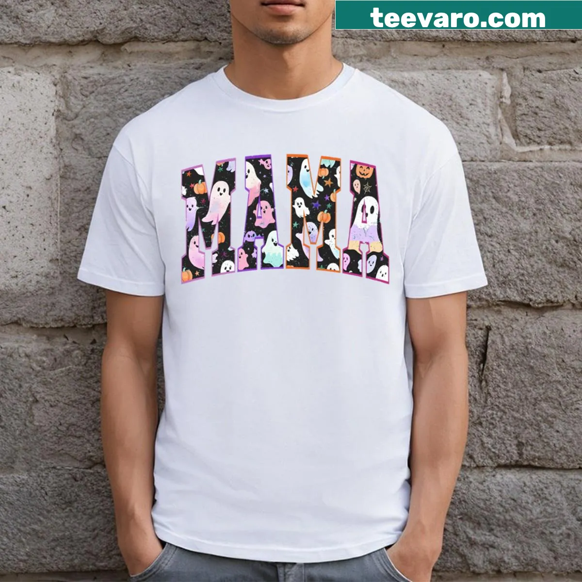 Vintage Halloween graphic featuring the word 'Mama' in a spooky style — on a men's t-shirt