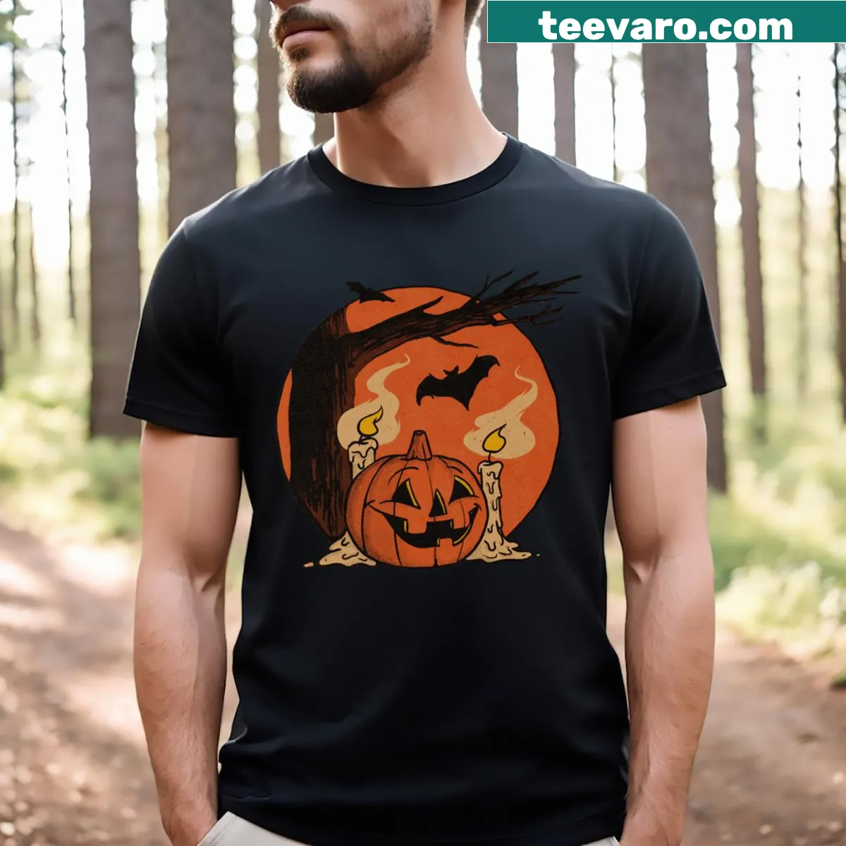 Vintage Halloween graphic featuring a whimsical pumpkin scene — on a men's t-shirt