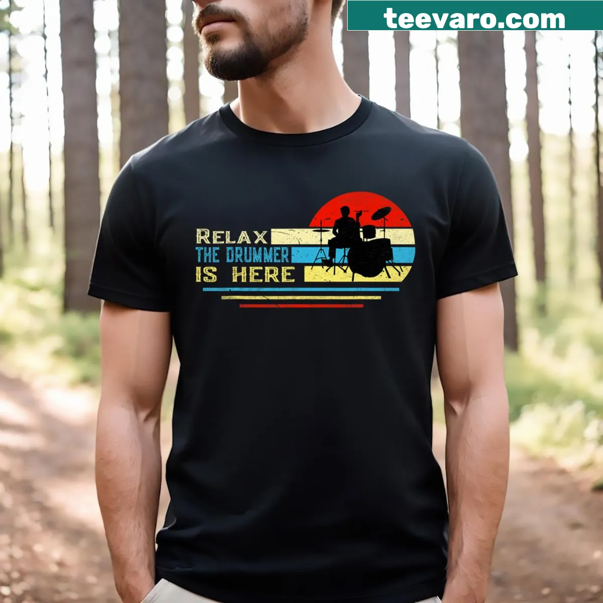 Vintage distressed T-shirt with drumset and playful drummer text — on a men's t-shirt