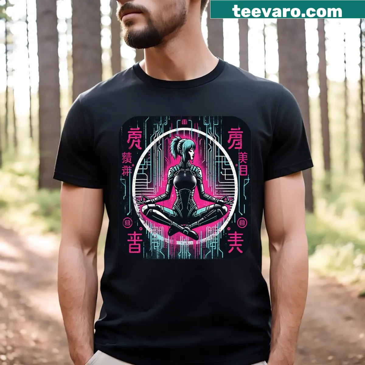 Futuristic cyberpunk manga graphic T-shirt for women — on a men's t-shirt