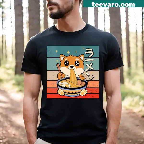 Cute cartoon corgi and ramen graphic on a women's V Neck T-shirt