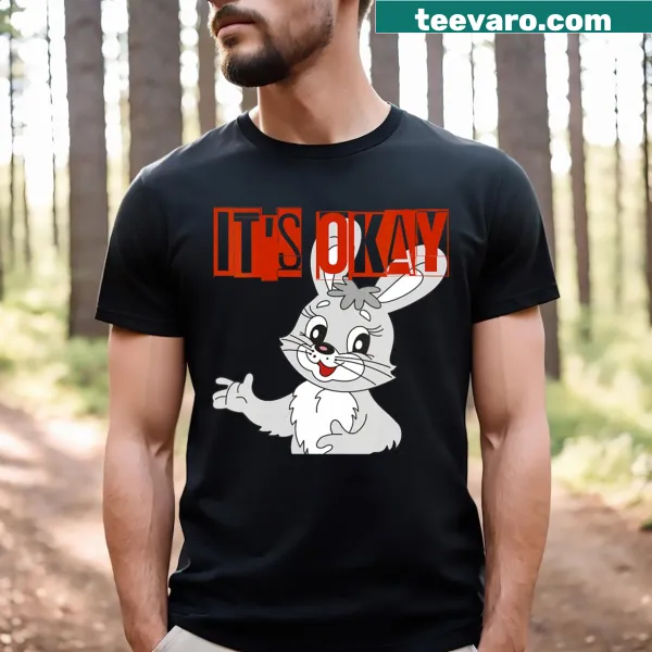 V neck t-shirt featuring a cute, laughing rabbit cartoon character