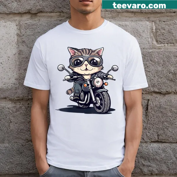 V-neck T-shirt with a cute graphic of a motorcycle cat