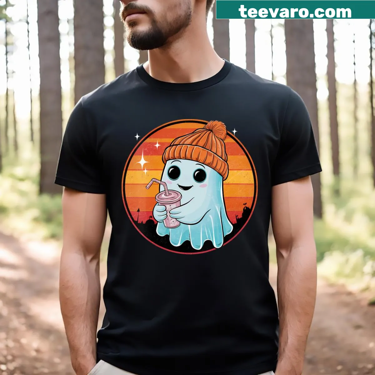 Distressed Halloween tee with ghost drinking coffee graphic — on a men's t-shirt