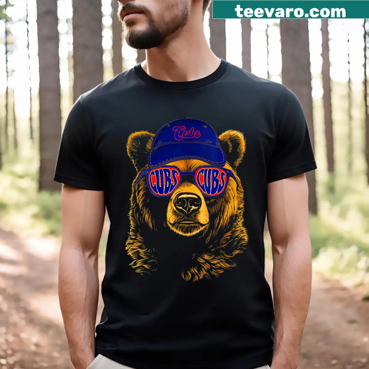 Vintage V-neck T-shirt with distressed Cubs name design — on a men's t-shirt