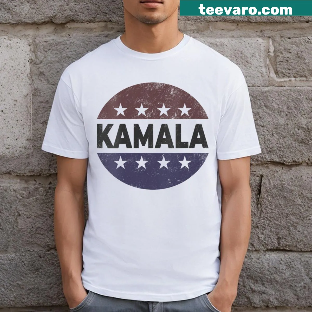 Vintage V-neck T-shirt promoting Kamala Harris 2024 campaign — on a men's t-shirt