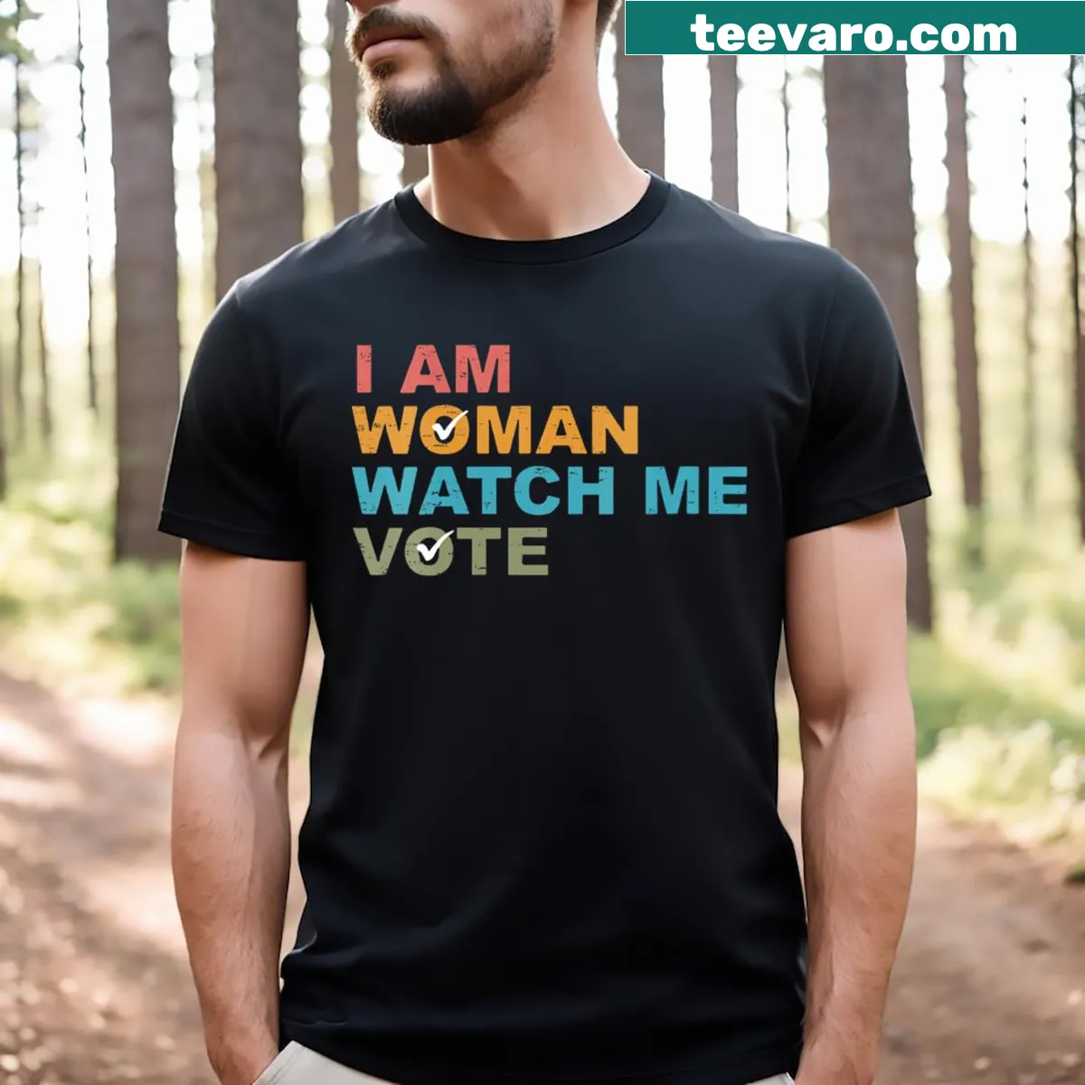 Vintage-style V Neck t-shirt with 'I Am Woman' voting message — on a men's t-shirt