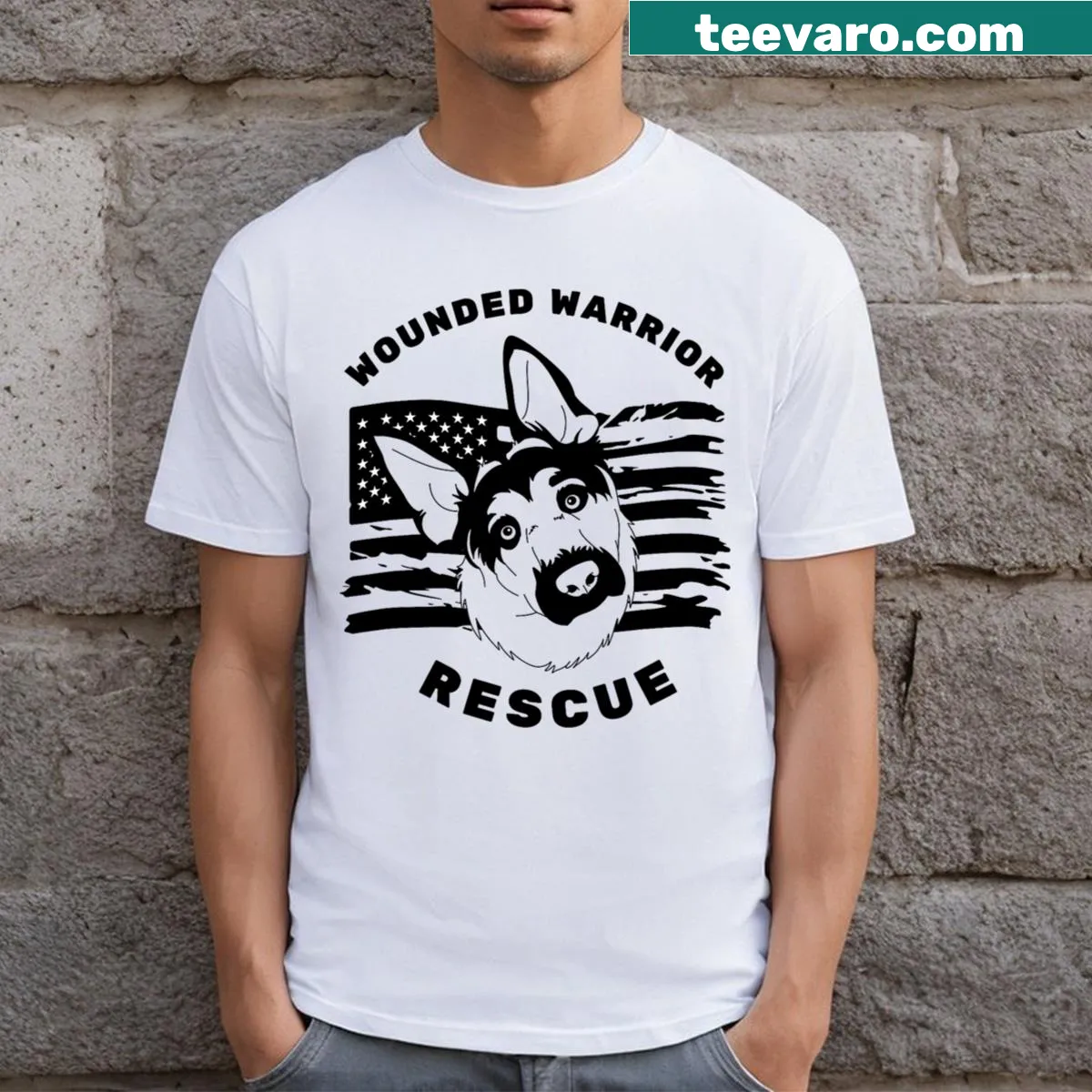 Illustrated German Shepherd t-shirt honoring rescue dogs — on a men's t-shirt