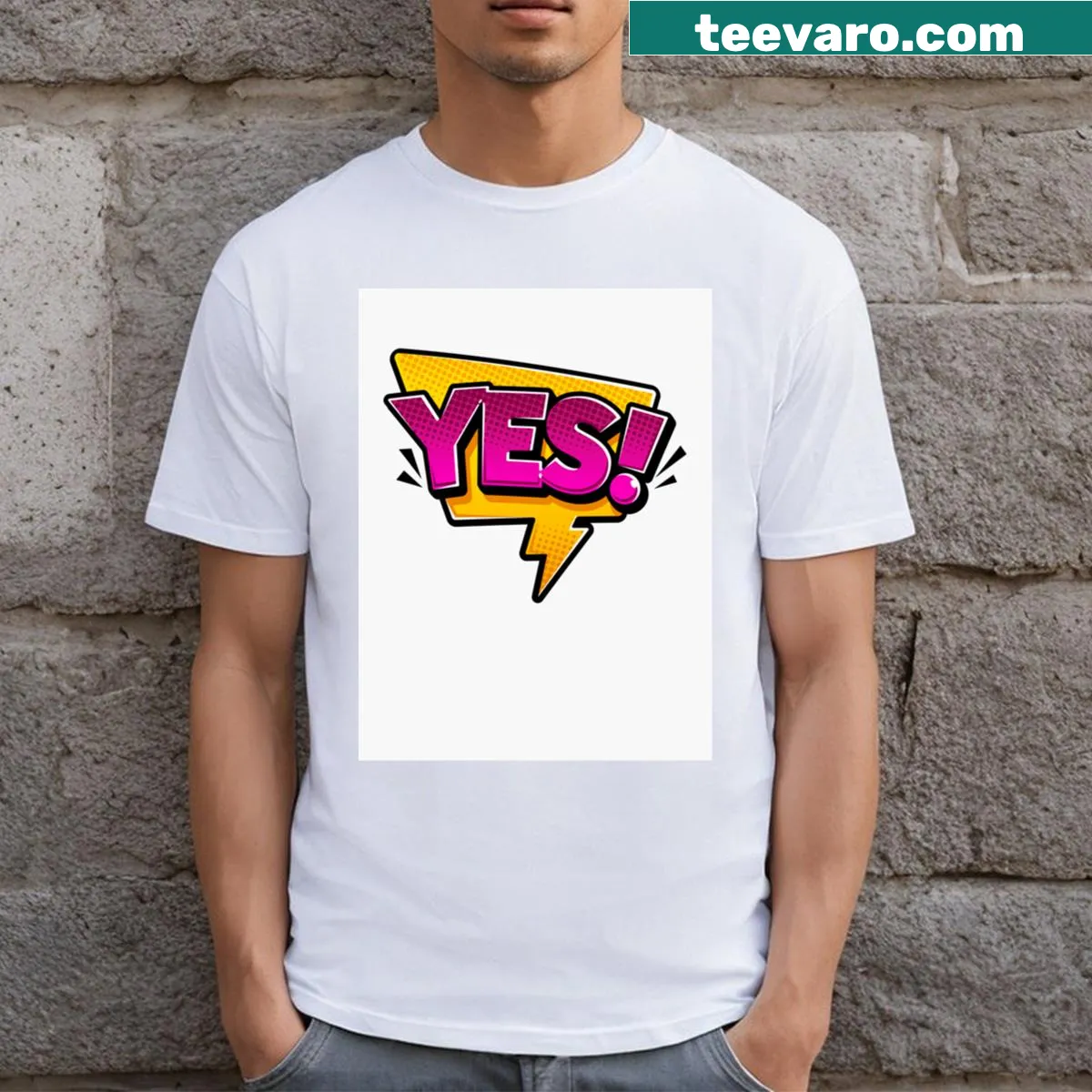 Simple playful t-shirt featuring the text Yes 3 — on a men's t-shirt