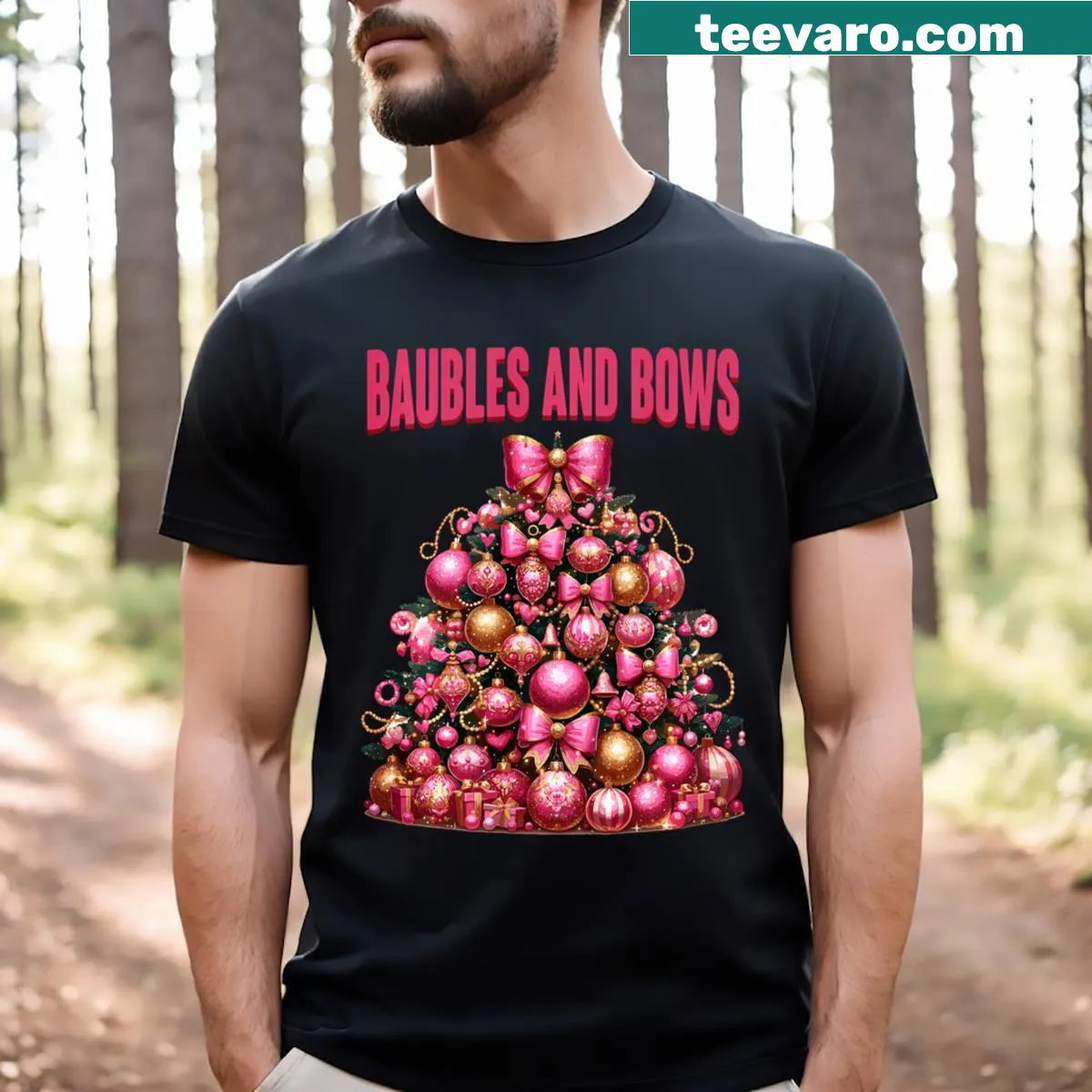 Pink Christmas tree with baubles and bows illustration on a t-shirt — on a men's t-shirt
