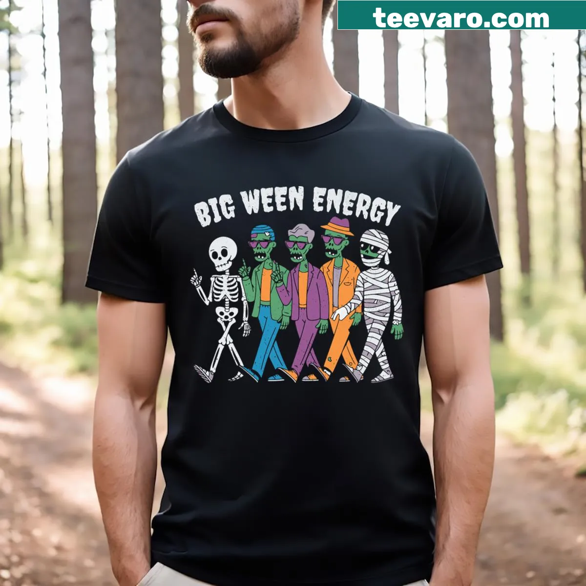 Funny Halloween t-shirt with 'Big Ween Energy' slogan — on a men's t-shirt
