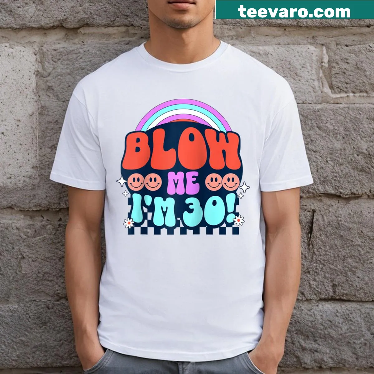 Funny 30th birthday t-shirt with humorous slogan — on a men's t-shirt