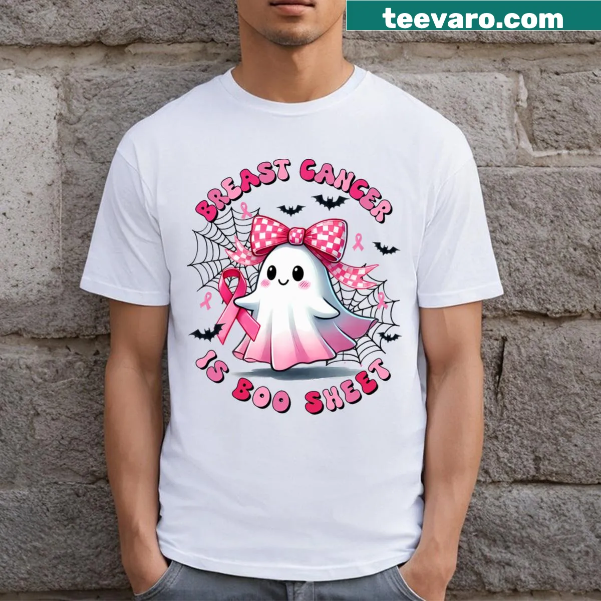 Funny t-shirt combining Halloween themes with breast cancer awareness — on a men's t-shirt