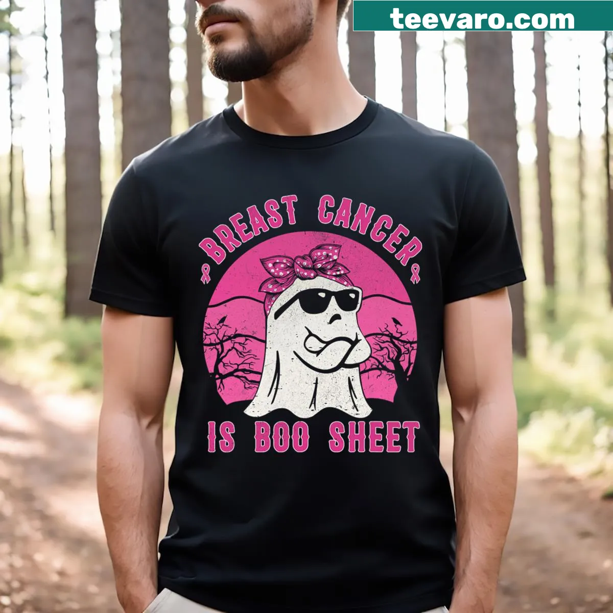 Halloween t-shirt with pink ribbon and funny breast cancer pun — on a men's t-shirt